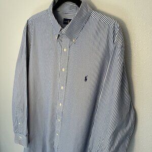 Ralph Lauren Mens Sz 18 34/35 Button Down Shirt Blue White Stripes Dress Shirt
